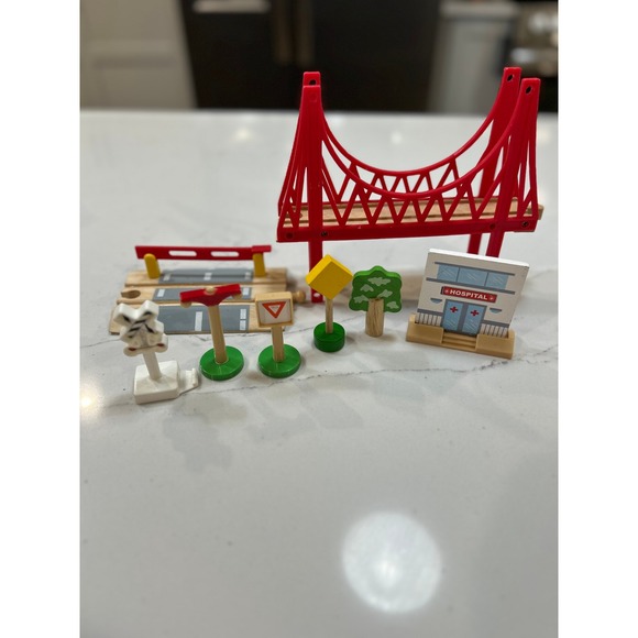 Wooden Train Track Set Bridge Hospital Signs Trees Figures Toy - Picture 1 of 2